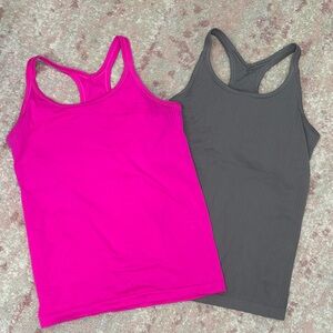 Bundle Pink and Gray Women's Athletic Racer Back Tank Tops Size L, Built in Bra